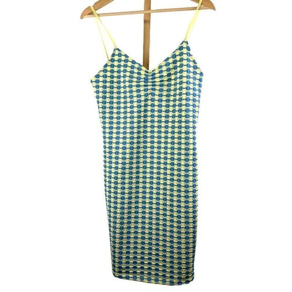 Mango MNG Spaghetti Strap Body Con Dress Sz 6 Blue/Neon Yellow EUC - Picture 1 of 9